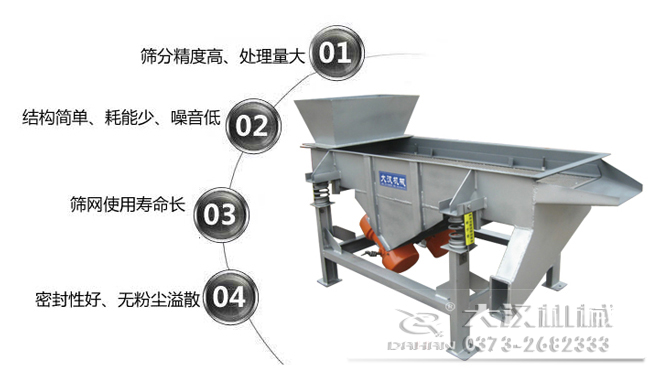1016型直線振動篩特點(diǎn)：1，篩分精度高，處理量大。2，結(jié)構(gòu)簡單，耗能少，噪音低，3，篩網(wǎng)使用壽命長，密封性好無粉塵溢散。