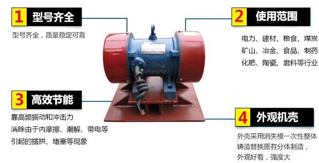 lzf倉壁振動器：1，型號齊全：型號齊全，質(zhì)量穩(wěn)定可靠。2，適用范圍：電力，建材，糧食，煤炭，礦山，冶金，食品，制藥，化肥，陶瓷，磨料等行業(yè)。3，高效：靠高頻振動和沖擊力消除由于內(nèi)摩擦，潮解，帶電等引起的塔供，堵塞等現(xiàn)象。4，外觀機(jī)殼：外殼采用消失模一次性整體鑄造替換原有分體制造，外觀好看，強(qiáng)度大。