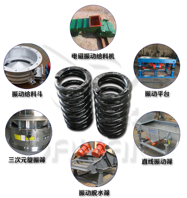 旋振篩減震彈簧適用產(chǎn)品：振動給料機，電磁振動給料機，振動平臺，直線振動篩，振動脫水篩，三次元旋振篩。