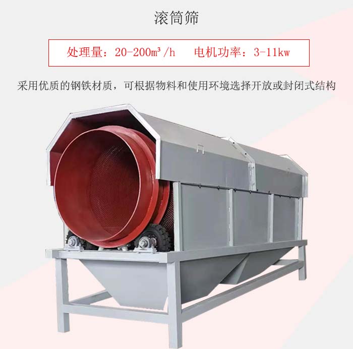 滾筒篩采用優(yōu)質(zhì)的鋼鐵材質(zhì)，可根據(jù)物料和使用環(huán)境選擇開放或封閉式結(jié)構(gòu)