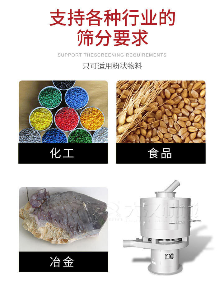 氣流篩用于礦粉，石墨粉，活性納米碳酸鈣，鋁灰，大豆粉，碳酸重鈣，石墨粉，木粉，干草，重金石粉，藥粉末，橡膠顆粒，草酸鹽，干料粉，木粉，聚酯粉，干粉，塑料，金屬粉末，橡膠粉，粉煤灰，石墨粉，陶瓷粉，鋅粉，石英粉，石灰粉，鐵粉，金屬硅粉等。