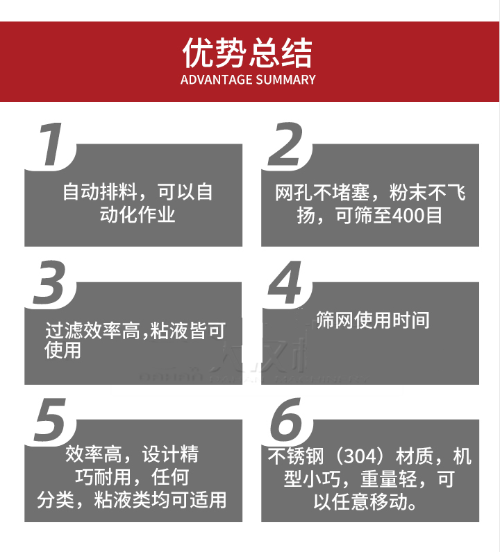 過濾篩優(yōu)勢總結：1，自動排料，可以自動化作用。2，網孔不堵塞，粉塵不飛揚，可篩至400目。3，過濾效率高，任何粒，粉，粘液也可使用。4，篩網設計大大提高了篩網使用時間，也魏換網提高了方便。5，效率高，設計精巧耐用，任何分類設計精巧耐用，任何分類，粘液類均可適用。6，不銹鋼材質機型小巧，重量輕，可以任意移動。