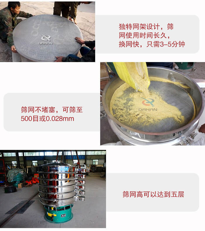 三次元振動篩的特點：篩網(wǎng)使用時間長換讓時間短，篩網(wǎng)不堵塞，可篩至500目或0.028mm。