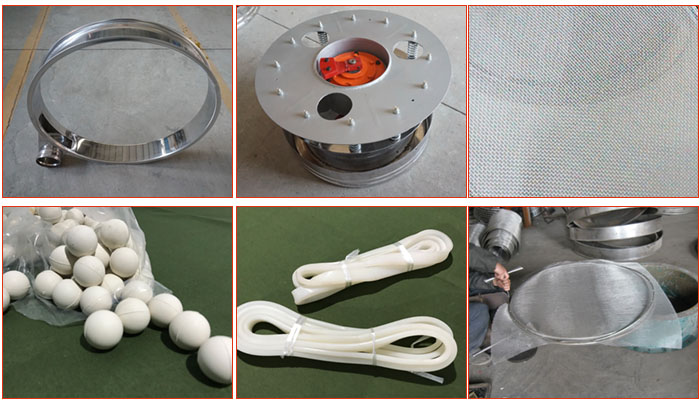 800型全不銹鋼振動(dòng)篩配件有：振動(dòng)篩篩框，電機(jī)，不銹鋼篩網(wǎng)等。