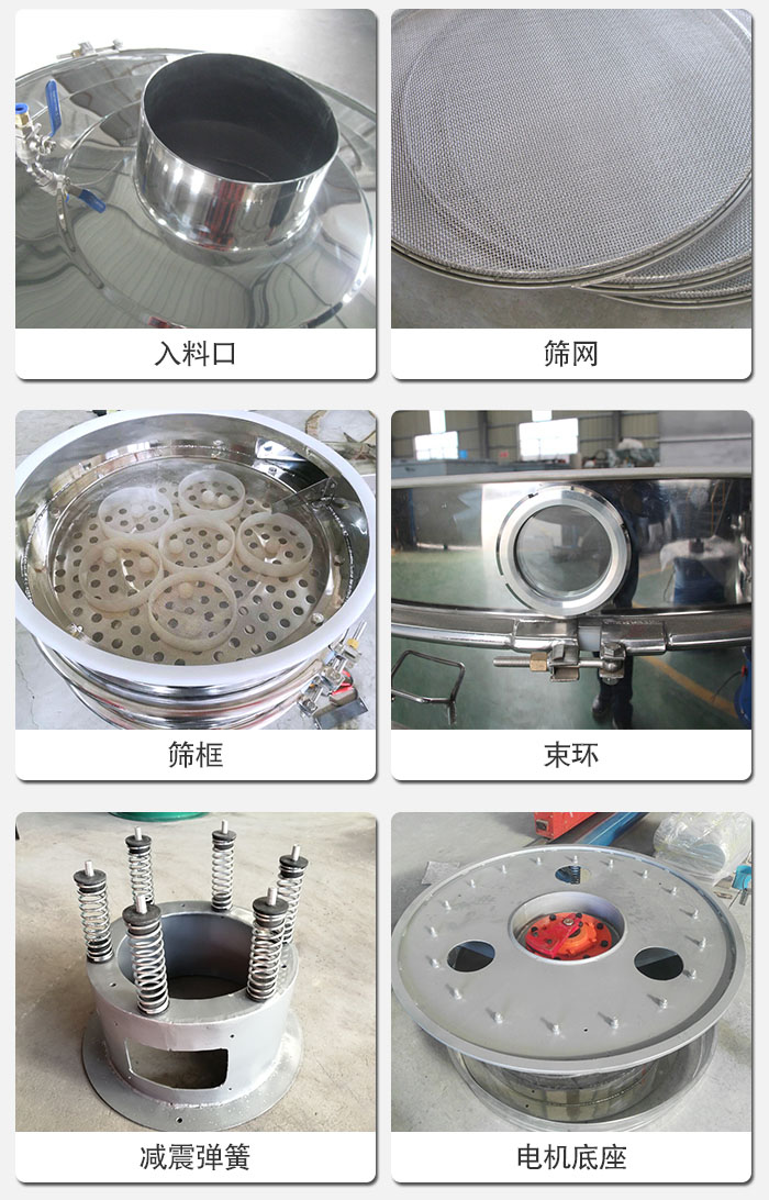 醫(yī)藥振動(dòng)篩有電機(jī)底座，減震彈簧，束環(huán)，篩框，入料口，篩網(wǎng)等部件展示。