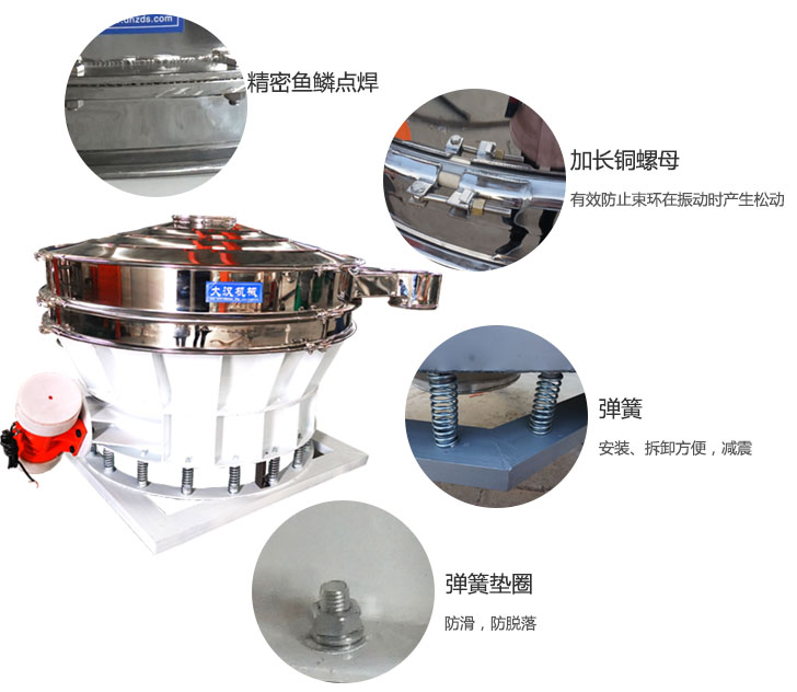 1500直排篩細(xì)節(jié)展示：彈簧，彈簧墊圈，加長(zhǎng)銅螺母。
