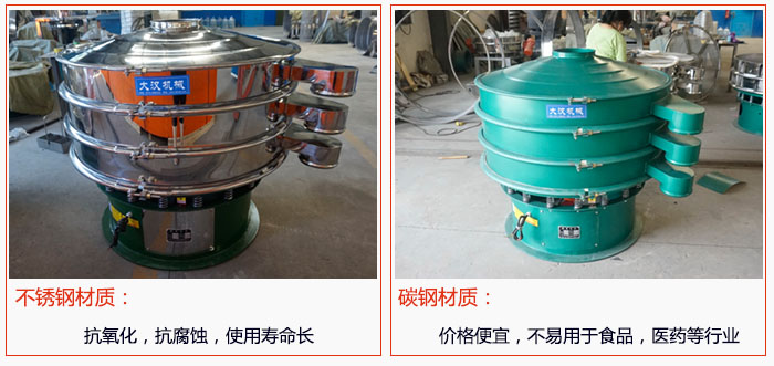 800型振動篩有不銹鋼和碳鋼兩種材質(zhì)，不銹鋼材質(zhì)：抗氧化，抗腐蝕，使用壽命長 碳鋼材質(zhì)：價格便宜，不易篩分食品，化工，醫(yī)藥等行業(yè)的物料。