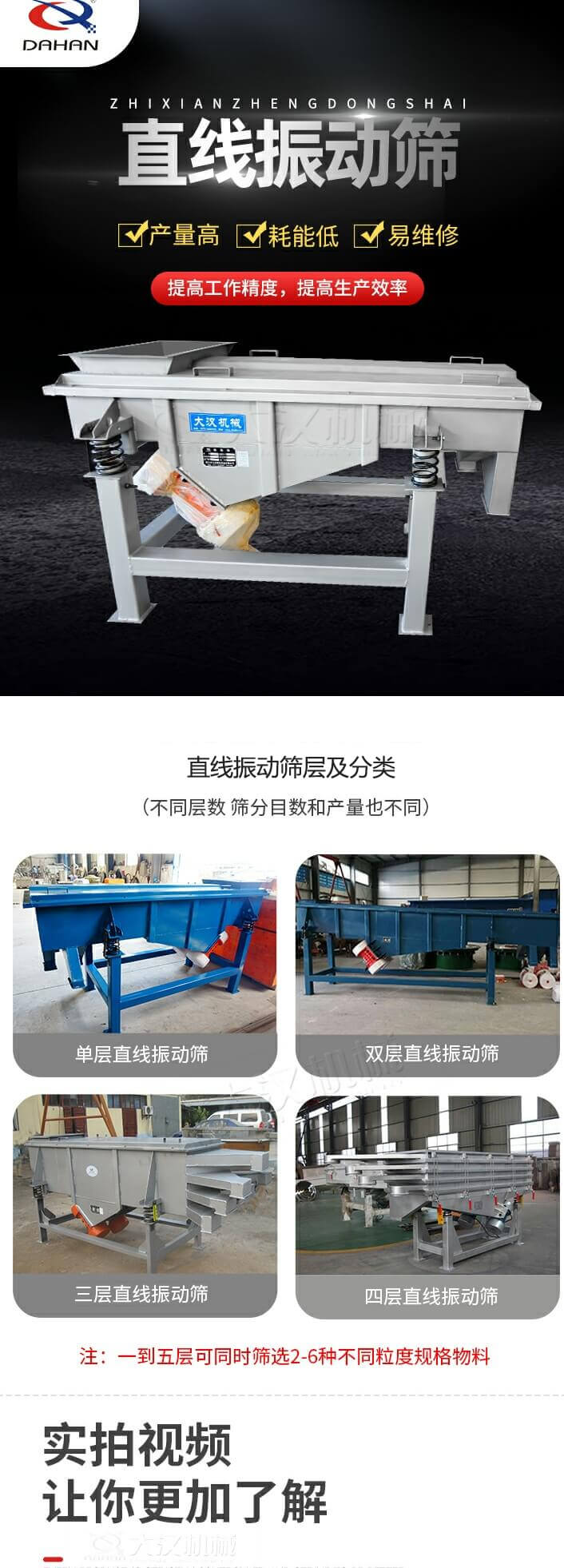 直線振動篩概述，產(chǎn)量高，耗能低，易維修，提高工作精度，提高生產(chǎn)效率，直線振動篩層級分類：不同層數(shù)，篩分目數(shù)和產(chǎn)量也不同：單層，雙層，三層，四層等。