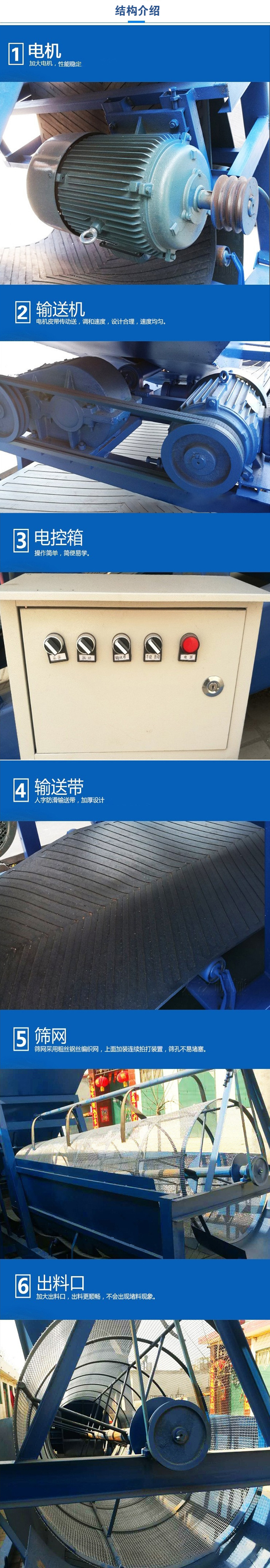 移動篩沙機(jī)結(jié)構(gòu):電機(jī)，加大電機(jī)，性能相對比較穩(wěn)定。輸送機(jī)：電機(jī)皮帶傳動送，調(diào)和速度，設(shè)計(jì)合理，速度均勻。電控箱：操作簡單，簡便易學(xué)。輸送帶：人字防滑輸送帶，加厚設(shè)計(jì)。篩網(wǎng)，采用粗絲鋼絲編織而成的篩網(wǎng)，上面加裝連續(xù)拍打裝置，篩孔不易堵塞。出料口：加大出料口，出料更順暢，不會出現(xiàn)堵料現(xiàn)象。