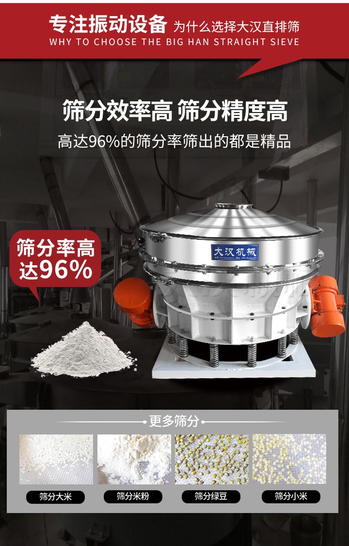 直排篩適用物料有面粉，淀粉，洗衣粉，金屬粉，添加劑，化工，非礦等行業(yè)。