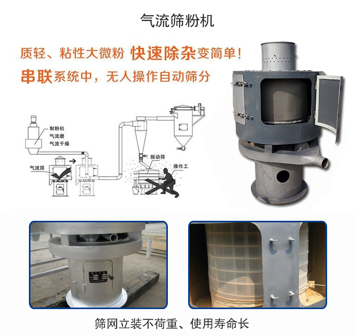 氣流篩粉機適用：質輕，粘性大微粉采用串聯(lián)系統(tǒng)重，無人操作自動篩分 特點：篩網立裝不負重，使用壽命長。