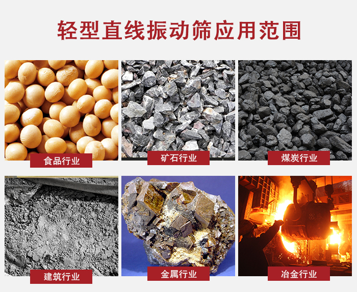 輕型直線振動篩應(yīng)用范圍較廣多使用與顆粒狀，粉狀以及其它重型行業(yè)的輸送。