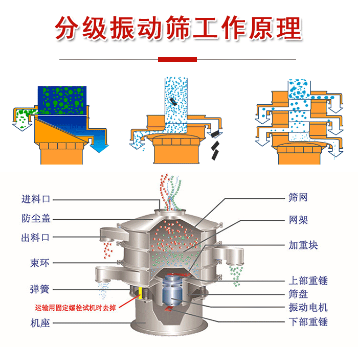分級振動篩內(nèi)部結(jié)構(gòu)：進(jìn)料口，防塵蓋，出料口，束環(huán)，彈簧，機座，篩網(wǎng)，網(wǎng)架，上部重錘，振動電機，下部重錘。