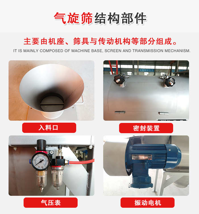 氣旋篩結(jié)構(gòu)：入料口，密封裝置，電機，氣壓表等