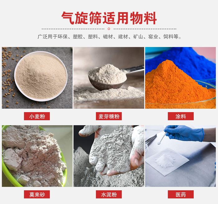 氣旋篩適用物料：小麥粉，麥芽糖粉，涂料，等粉狀物料。