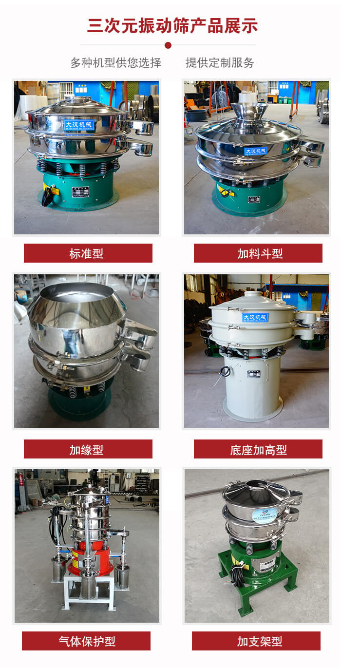 三次元振動篩不同結(jié)構(gòu)展示：標準型，加料斗型，加緣型，底座加高型，氣體保護型，加支架型。