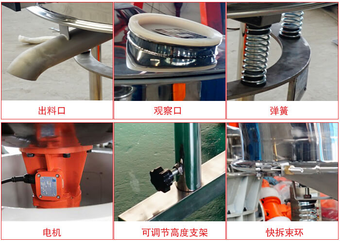 高頻篩細(xì)節(jié)展示：出料口，觀察口，彈簧，電機(jī)，可調(diào)節(jié)高度支架，快拆束環(huán)。